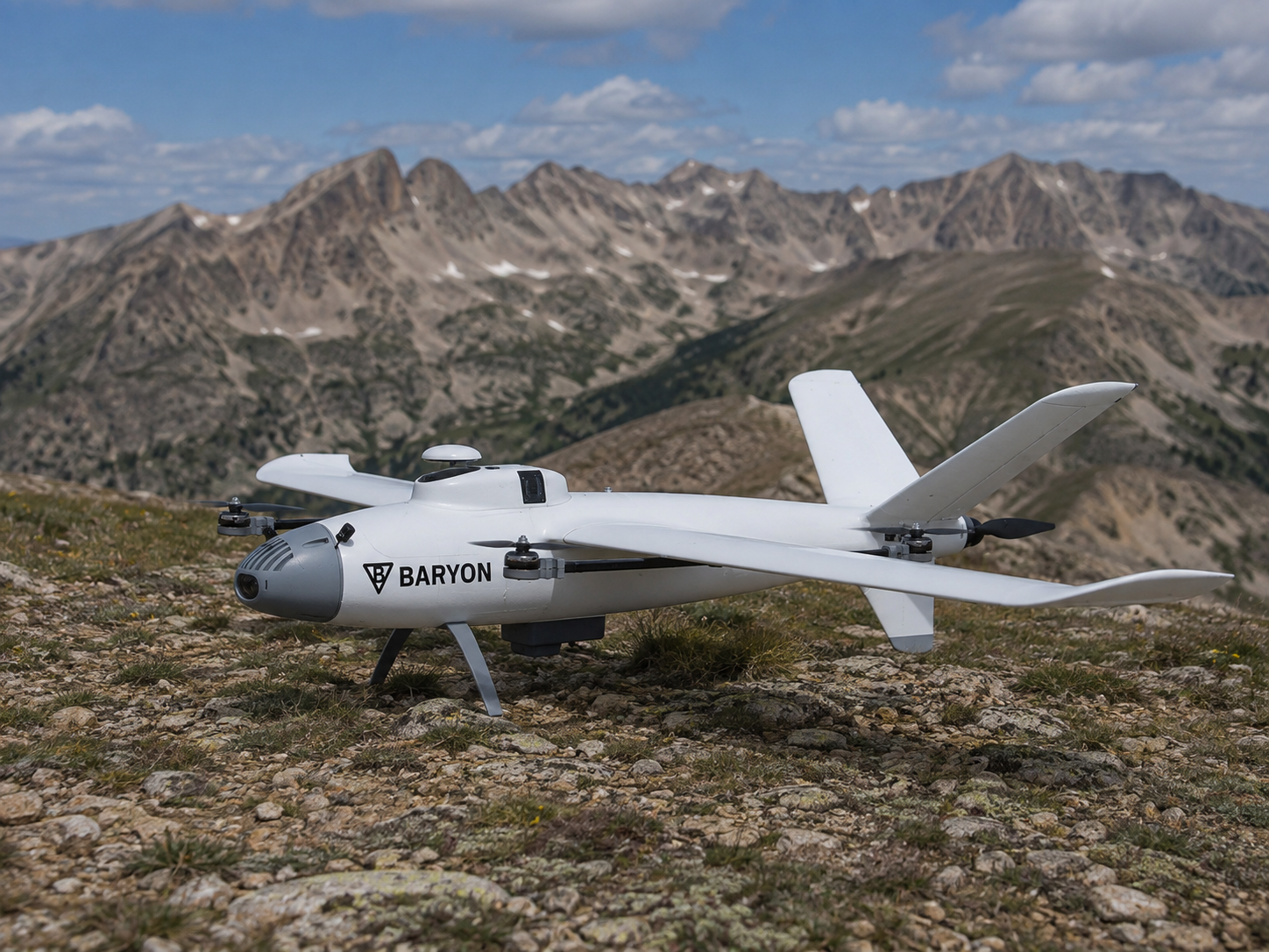 Baryon Aerial Scout VTOL survey aircraft on an alpine ridgeline in the Big Horn Mountains