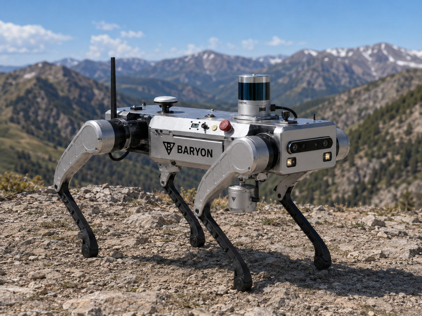 Baryon Ground Scout quadruped robot with LiDAR mast traversing rocky alpine terrain